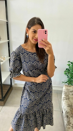 VESTIDO MIDI - LAISE AZUL COM BEGE na internet