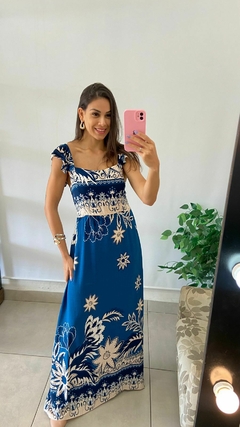 VESTIDO LONGO - ALÇA BABADO - ESTAMPA AZUL E NUDE na internet