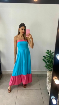 VESTIDO MIDI - TOMARA QUE CAIA - AZUL FAIXA ROSA - comprar online