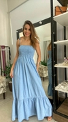 VESTIDO LONGO JEANS - ELASTEX - ALÇA LAÇO - TOM CLARO