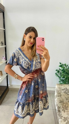 VESTIDO CURTO - INDIANO - MANGA - AZUL E BORDO - comprar online