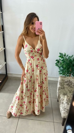 VESTIDO LONGO -ALÇA - BEGE COM FLORES - comprar online