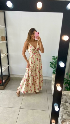 VESTIDO LONGO -ALÇA - BEGE COM FLORES na internet