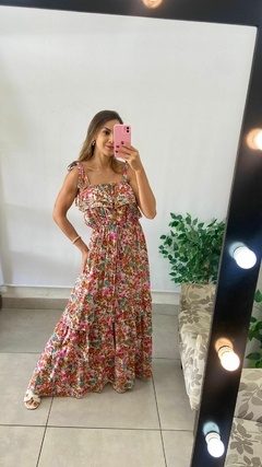 VESTIDO LONGO - INDIANO - ALÇA LAÇO - BABADINHO NA FRENTE - FUNDO NUDE - comprar online