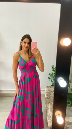 VESTIDO LONGO - ALÇA - PINK COM VERDE na internet