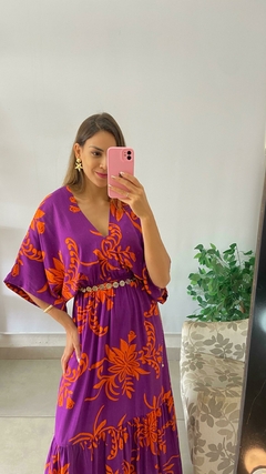 VESTIDO LONGO - MANGA - VISCOLINHO - ROXO COM LARANJA na internet