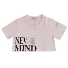 Camiseta Infantil Feminina, Blusa Cropped Leve Soltinha Moda Casual 'NEVER MIND' - Ref. 6000-08-BRANCA - comprar online