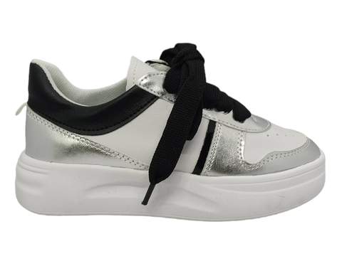 Zapatilla cordones cinta mujer nena plata/negro a.Vale