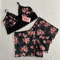 Short doll cropped verão flores preto