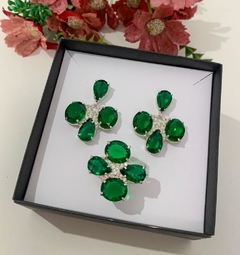 Conjunto Anel Brinco Luxo Pedra Zircônia Verde Esmeralda