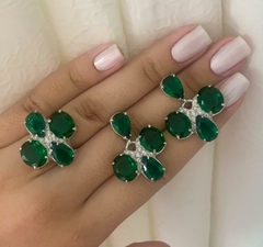 Conjunto Anel Brinco Luxo Pedra Zircônia Verde Esmeralda - comprar online