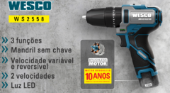 PARAFUSADEIRA / FURADEIRA COM IMPACTO 12V MOTOR BRUSHLESS 2 BAT E MALETA WS2558K2 WESCO