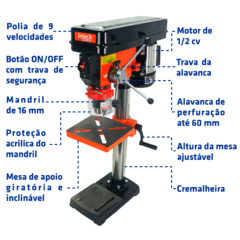 FURADEIRA DE BANCADA 5/8" (16MM) MOTOR 0,5HP 220V INTECHMACHINE DB16 - Lojas Northwest