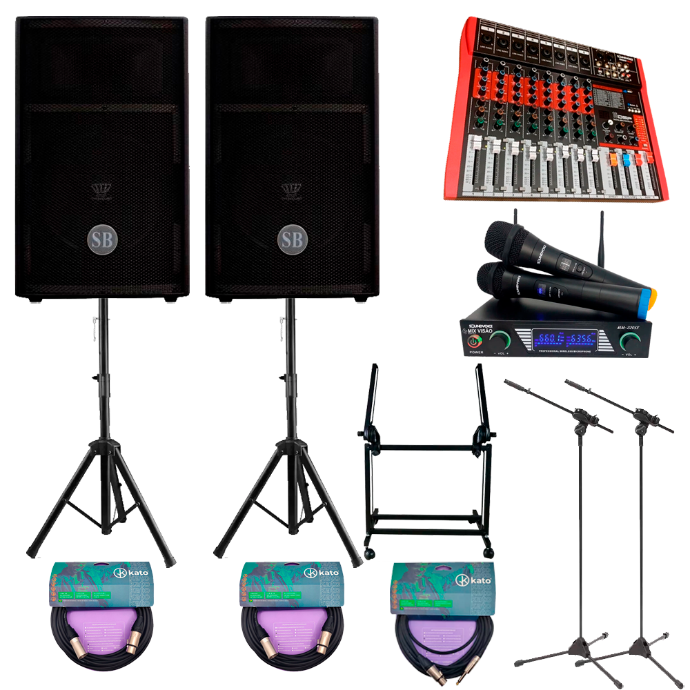 TM8 KIT DE SOM COMPLETO DE 70 A 150 PESSOAS COM MESA DE 8 CANAIS E RACK DE PERIFÉRICOS