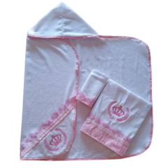 Kit Banho Bebê 03 peças- Toalha Fralda, Toalha Felpuda e Lenço de Boca - Coroa Rosa - Biely Baby | Loja de Bebê Online | Enxoval de Bebe