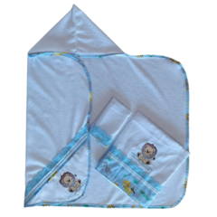 Kit Banho Bebê 03 peças- Toalha Fralda, Toalha Felpuda e Lenço de Boca - Safari Azul - Biely Baby | Loja de Bebê Online | Enxoval de Bebe