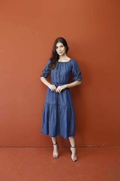 Vestido jeans midi com bordado - comprar online