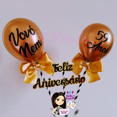 Topo Bolo Balão Duplo Cor Metalizada + Topper Feliz Aniversário (Ref. 0159)