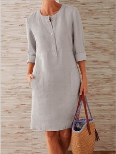 Vestidos de linho de algodão de manga comprida com decote - loja online