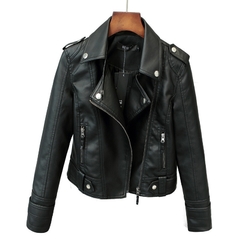 Jaqueta de couro feminino slim, jaqueta curta de couro sintético para motociclista - Fiuzausa