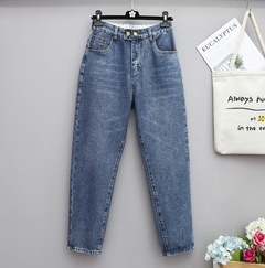 Calças Jeans Baggy feminina solto, cintura alta com elástico.