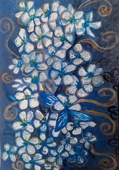 Abril con flores y azules. Acuarela sobre papel. 18 x 26 cm. 2022. 90 USD