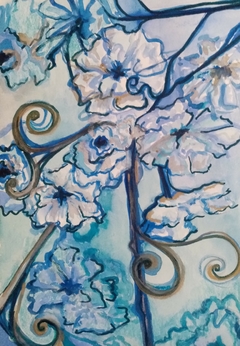 Abril con flores y turquesas II. Acuarela sobre papel. 18 x 26 cm. 2022. Jimena Odetti. 90 USD