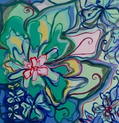 Abril con flores y turquesas. Oleo osbre Tela. 30 x 30 cm. 2022. 130 USD