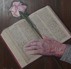 "ABUELA..UNA BIBLIA..UNA FLOR..."- OLEO - BASTIDOR ENTELADO - 50X50 - ENMARCADO.- AÑO 2018 -