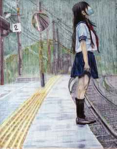 WET IN THE RAIN / COLORED PENCIL / VERTICAL STROKE TECHNIQUE / 18 X 14 CM