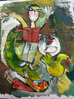 Pareja, un lagarto, gallo y gallina / 30 x 25 / Acrílico / 2023