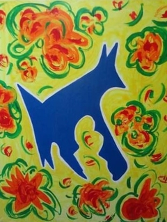 "Perro azul"; medidas: 74 x 60 cm. Técnica: Acrílico sobre tabla. Precio: US $650.