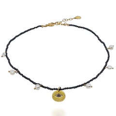 CHOKER OLHO GREGO NOVA YORK - COLAR COM PÉROLAS E HEMATITAS BANHADO A OURO 18K - 38 cm na internet