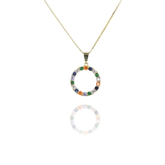 Colar pendente Circulo de Zircônia Colorida Folheado a Ouro 18k - IJ T R E N D Y