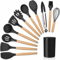 Kit 12 Utensílios De Cozinha Em Silicone Antiaderentes Com Cabo De Madeira Com Suporte Colher Espátula Pegador Concha Fouet Pincel Escumadeira Copo An - comprar online