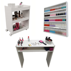 Kit Para Manicure Com Mesa + Prateleira de Esmaltes + Carrinho Auxiliar com 3 Bandejas e Rodinhas MDF