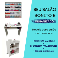 Imagem do Kit Para Manicure Com Mesa + Prateleira de Esmaltes + Carrinho Auxiliar com 3 Bandejas e Rodinhas MDF