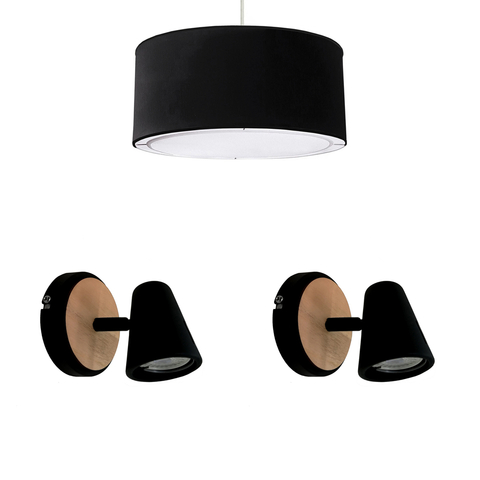 Combo Habitación Colgante Negro/Blanco + 2 Apliques Negro/Blanco Madera Cono