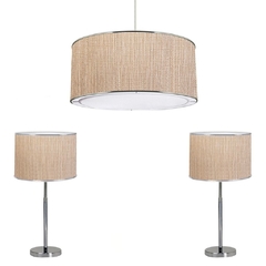 Combo Habitación Colgante 2l + 2 Veladores Cromo Venencia gris/beige - Onda Luz Iluminación