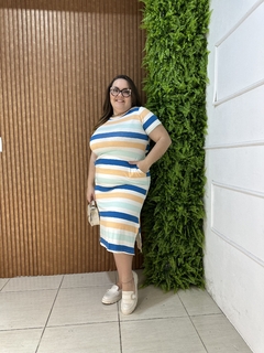 VESTIDO MIDI BÁSICO COM BOLSOS LISTRADO LARANJA/AZUL