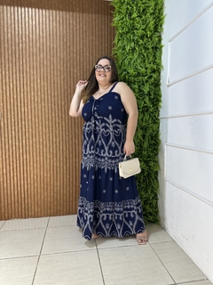 VESTIDO CREPE PLUSSIZE ALÇA ESTAMPADO MARINHO