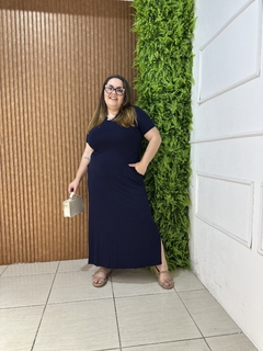 VESTIDO LONGO COM BOLSINHO MARINHO