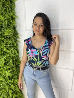 CROPED TOP FLORAL MARINHO