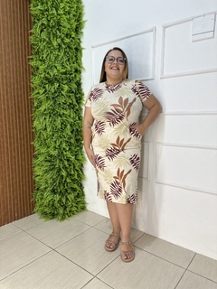 VESTIDO MIDI EM VISCOLYCRA ESTAMPADO FOLHAS OFF