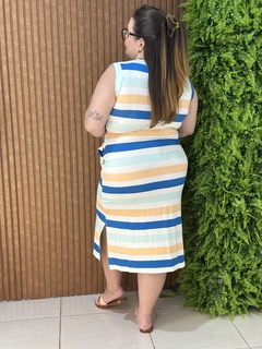 VESTIDO MIDI REGATA COM BOLSO LISTRAS AZUL/LARANJA - comprar online