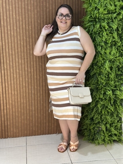 VESTIDO MIDI REGATA COM BOLSO LISTRAS MARROM/BEGE