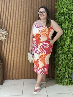 VESTIDO MIDI ALÇA COM BOTÕES FLORAL LARANJA E ROSA