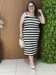 VESTIDO MIDI REGATA LISTRADA PRETO