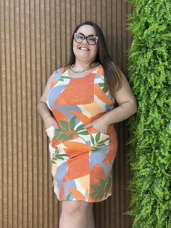 VESTIDO REGATA COM BOLSOS FRONTAIS FLORAL LARANJA/CINZA