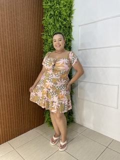 VESTIDO CIGANINHA COM LAÇO ESTAMPADO BEGE ESCURO/ROSINHA